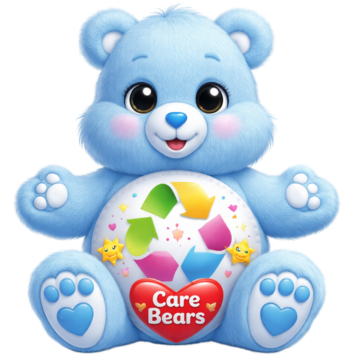 Recycling Pastel Blue Care Bear with a Multicolored Rainbow Recycling Sign and a Classic Care Bears Red Heart Logo That Reads “Care Bears” in White letters in the Middle with Hearts and Starbuddies Surrounding it on the Stomach Black Eyes and a Blue Heart nose