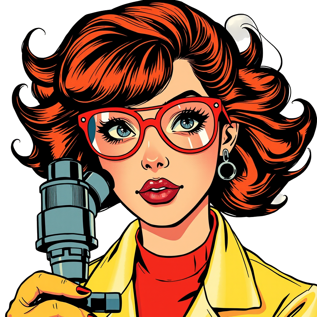 old retro comic art style of Sexy soviet female scientist microscope glasses red yellow labcoat white on a white background
