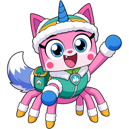 happy pink cat with blue and white tail white wrists blue hands white ankles yellow tips on spider legs green collar blue unicorn horn based on unikitty wearing everest's hat and everest's clothing with everest's backpack
