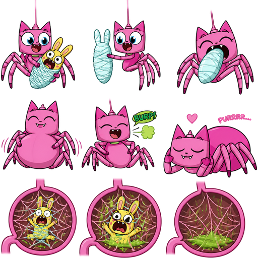 comic pink cat drider wrapping yellow rabbit light cyan rabbit shaped cocoon hanged to the top pink cat drider swallows a light cyan rabbit shaped cocoon whole pink cat drider gulps down rabbit shaped cocoon pink cat drider burps pink cat drider relaxing purring happily
webbed cocooned yellow rabbit screaming in a stomach with green slime with the unikitty style