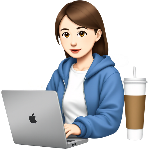 “Sticker of a female character matching the pose and camera angle of the reference photo, blue zip hoodie, white tee, typing on laptop, takeaway cup at right, simplified abstract painting motif behind, clean vector, bold outline, flat colors, soft ambient shadow, Telegram sticker style, 1:1, transparent background.”