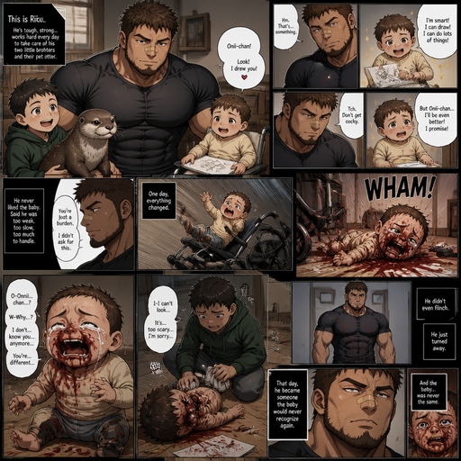 A DETAILED AND LIFELIKE LONG Anime Comic Book story view of a Bulky but Muscular ANIME Cute Bara Man With Peach toned skin Who looks Normal aind round facial Structure and Basic facial structure With Puffy and Big Pecs that are visible through the shirt and Biceps and Bandaid on his nose and Brown short hair that makes them look tough and A Bear on his Chin and Jaw. Wearing normal With his pet Grown and healthy realistic otter and 2 little brothers that are in different ages but young. and the baby‘s Hadicaped and he(the guy) did not like the baby and the baby tries to reason with him by saying he‘s smart and can draw but still on the toddler level and one day the baby flew out of his chair And A lot red comes from his nose and stains his shirt and is all on the ground and it cried and the baby does know know who he is anymore he’s changed and he doesn‘t care and the baby is now facialy deformed and his other cleans h up but can’t look cause it‘s scary for him