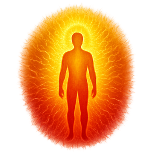 Draw an aura with meridians. inside aura is the gradient — in the bottom red color, red flow into orange line. On the top is yellow color. High quality, very detailed, realistic