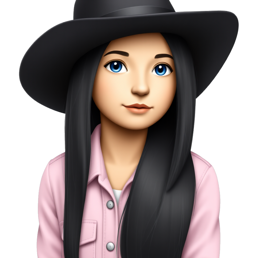 A girl with long black hair, blue eyes, sand skin tone, and a black cowboy hat with a light pink flannel shirt