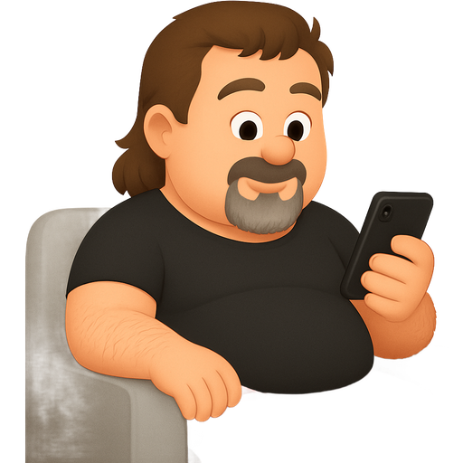 Middle age man with a brown mullet and salt n pepper goat t beard, black t shirt, red and black checkered pj pants, overweight, with hairy arms and light tan on the light grey couch watching his phone