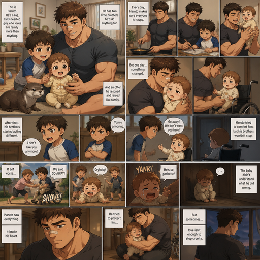 A DETAILED AND LIFELIKE LONG Anime Comic Book story view of a Bulky but Muscular ANIME Cute Bara Man With Peach toned skin Who looks Normal aind round facial Structure and Basic facial structure With Puffy and Big Pecs that are visible through the shirt and Biceps and Bandaid on his nose and Brown short hair that makes them look tough. Wearing normal With his pet Grown and healthy realistic otter and 2 little brothers that are in different ages but young. At the house And the baby with his cute clothes on and already holding his hand he picks the little baby from his Wheelchair and Snuggles the baby and the baby got sad and it goes in a Wheel chair and doesn’t like the baby anymore and the baby doesn’t understand and it gets excessively bullied