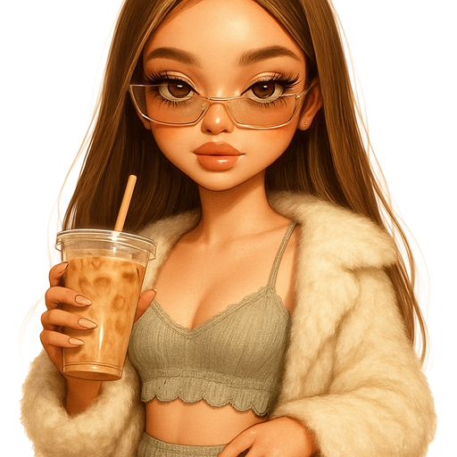 luxury glossy bratz-anime romantic aesthetic, warm cinematic glow, crisp clean detail, glossy glam skin. brown eyed Petite girl, fair skin with soft freckles, long wide face with tall forehead, honey-golden almond wide-set upturned eyes, fluttery lashes, shimmer highlight, plush lips, bottom heavy lip, sweet Belle-princess vibe, long straight brunette hair with visible light blonde highlights, softly defined feminine body, soft hourglass shape with full round bust, iced latte swirling in one manicured hand, soft sage knit bralette with scalloped hem resting above toned midriff, fabric rippling with delicate ribbing, matching high-waist flared pants that shimmer faintly under sunlight; open cream faux-fur cropped jacket draped over shoulders, texture cloudlike, soft enough to sink fingertips into; honey-blonde hair straightened into sheets of silk, front tendrils framing her flushed cheekbones; skin dewy with amber-highlight glow, eyes brushed in muted gold shimmer, lips honey-drizzled gloss; translucent sunglasses perched low, reflecting pale sky; tan mini purse tucked at arm, golden zipper charm shaped like a heart key. Cozy romantic glow, soft warm lighting, pop-princess energy