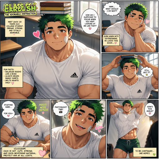 A Full page Anime Comic book story about of a masculine and Bulky ANIME Cute Bara Man American 20 year old with a ROUND and BASIC facial structure and TENAGE BARA CUTE MALE not to detailed With bigger than average Pecs that are visible through the shirt and Biceps and a big Bandaid on his nose and Left Cheek and Right Eye brow. Wearing a no piercings Baggy White Adidas Athletic shirt and Short and Green Hair and Bright Green Hair Tips and Strait with brown eyes and black eyebrows. Sitting down with his head still and his eyes looking up at you with a Hot,Cute and Dreamy smile And Balances Books on his head and doing other cute and Hot stuff in classrooms and Licking his lips at a Photoshoot.