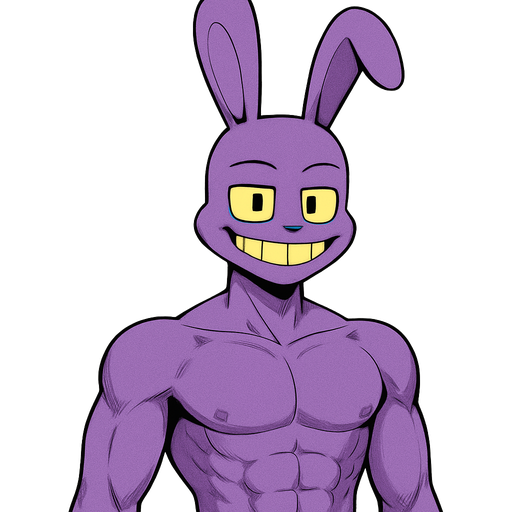 A Purple tall lanky male bunny with a yellow grin and yellow sclera and square shaped black pupils he has no nose he has a horizontally wide oval shaped head and is muscular and has abs he doesn’t wear clothes MAKE HIM HANDSOME, CUTE, ATTRACTIVE