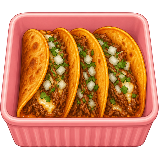 ghibli style | color #FF69B4 square ceramic ramekin | 3 quesabirria tacos in a row inside ramekin | view: high-angle + front center + close-up
