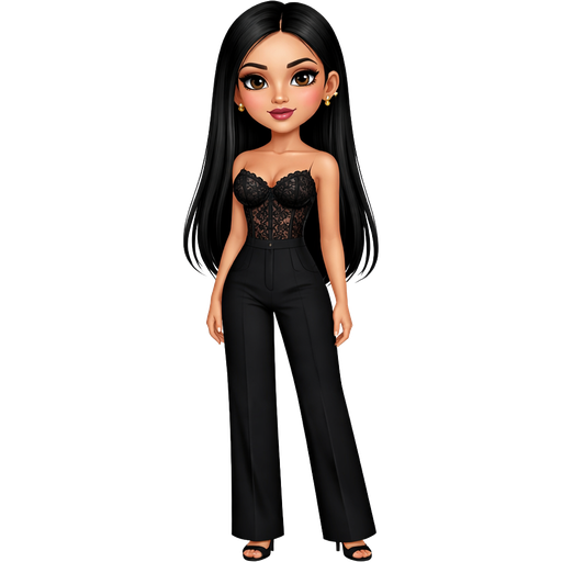 Olive tone Light skinned girl with siren almond shaped dark black eyes with long lashes and thin eyeliner, with long black straight hair and with gold short hoop earrings and two more gold ear piercings. Wearing black lace corset top black formal pants full body outfit with a subtle burgundy lipstick, positioned straight.