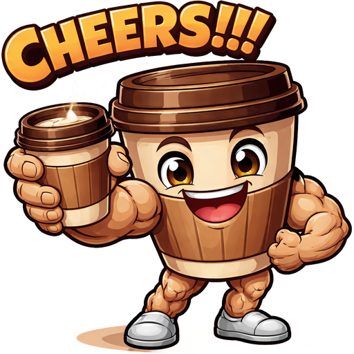 A person who is a muscly take away coffee cup. He is offering a coffee cup and saying cheers!!! He has a full body tan