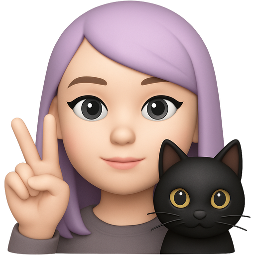 Modern Apple style emoji, girl with pale purple hair, grey eyes, pale skin, eyeliner, with black cat, making peace with hand