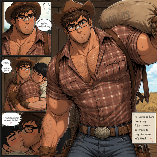 A REALISTIC AND LIFELIKE ANIME Comic Book story view of a Bulky but Muscular ANIME Cute Bara Man With Peach toned skin Who looks Normal and a HUGE and MASCULINE facial structure With Puffy and Big Pecs that are visible through the shirt and Biceps and Bandaid on his nose and Brown Spiky hair and His Hair Curls At the tip of strands. Wearing a Cowboy Outfit with glasses, and Looks Really cute in it and Likes his Hairy body. His crush hugs him, and He Carries heavy stuff that makes him look attractive and Hot.