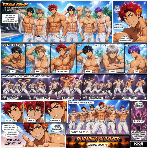 A Full page Anime Comic book story about of a masculine and with Big Biceps and Bigger than average Pecs ANIME Cute Bara Man. With no piercings and Wearingin a K-pop boy and outfit and Red Hair and Bright Orange Hair Tips and Strait is wearing Spiked hair and brown eyes and black eyebrows. Dressed like that look as and at A Photo shoot each member taking a photo for there new album themed summer, at a pool shirtless. Each Member evenly getting pictures. During a Dance routine and Every Dance move was hit. And on of the moves is shirtleifting