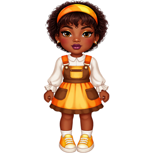 Candy Corn with a Deep-Dark Neutral Espresso Skin Tone and Heavy Lower Lip Shape with a Dark Plum Purple Matte Lipstick with a Soft Golden Palette Eyeshadow and a Thin Eyebrow with a Upturned Eye Shape and a Round Face Shape With Short Curly Afro-Textured Hair Including Bangs Wearing a Half Orange and Half Yellow Crescent Headband with Brown Eyes Wearing a White Long Sleeve Shirt With Ruffles Going around the sleeves Wearing Brown Overalls With Orange Straps and White Buttons With a Yellow Pocket on the Top of the Overalls and The Skirt is Yellow with Brown Pockets and a Brown Trimming with Two White Buttons on the Top of the Shirt Wearing White Socks and Yellow Sneakers with Dark Yellow on the Sides with a Mature Adult Toned Build and a Luxury Glossy with Vivid and Distinct Features