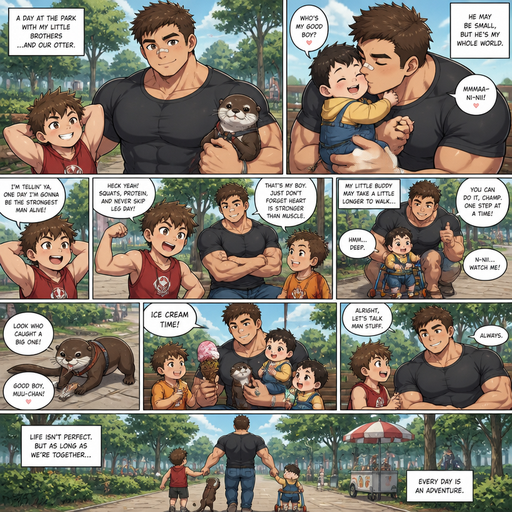 A DETAILED AND LIFELIKE LONG Anime Comic Book story view of a Bulky but Muscular ANIME Cute Bara Man With Peach toned skin Who looks Normal aind round facial Structure and Basic facial structure With Puffy and Big Pecs that are visible through the shirt and Biceps and Bandaid on his nose and Brown short hair that makes them look tough. Wearing normal With his pet Grown and healthy realistic otter and 2 little brothers that are in different ages but young. he loves the twin babys and the baby loves him too, but the baby has a problem walking, and get snuggled and kissed a lot the baby’s are so cute and the other is strong and buff and bulky for his age and a Laddies man but isn‘t as strong as his brother and talks about manly stuff with him. And get ice cream at the park
