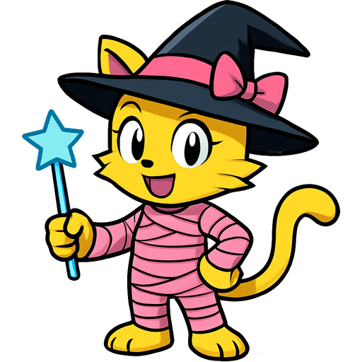 yellow cat anthro with black witch hat pink ribbon pink mummy costume holding a blue wand sonic x style
