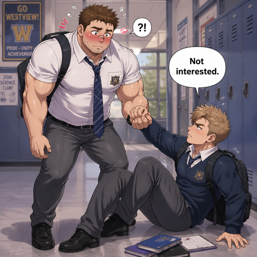 A Full Body view of a Chunky medium sized but Muscular and more Muscle than Fat ANIME CUTE Bara Man Who looks Normal and American with a round facial Structure and Basic facial structure With PUFFY and BIG Pecs that are visible through the shirt and Biceps with a cut on his nose. Wearing a School Uniform. Blushing hard and Picking up his crush from his fall and His male crush says “Not interested”