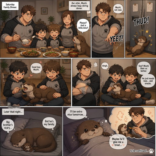 A DETAILED AND LIFELIKE ANIME Comic Book story view of a Bulky but Muscular ANIME Cute Bara Man With Peach toned skin Who looks Normal aind round facial Structure and Basic facial structure With Puffy and Big Pecs that are visible through the shirt and Biceps and Bandaid on his nose and Brown Fluffy and Strait hair. Wearing normal clothes and hoodie that matches his Family members so no one in the family got lost and With his pet Full grown and Healthy and long otter and 2 little brothers. And they at the house all eating dinner together and the otter begs for food. And the bigger brother throws him at the Fridge and he lays there. And the otter sits in the laps of the brothers and is fed and then goes to bed and will try to be nice to the big brother again tomorrow.