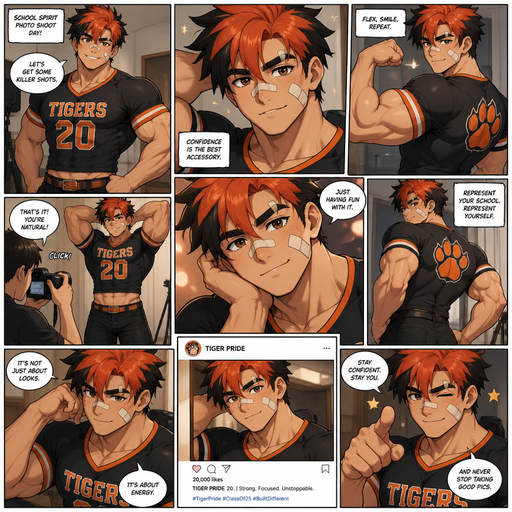 A Full page Anime Comic book story about of a masculine and Bulky ANIME Cute Bara Man American 20 year old with a ROUND and BASIC facial structure and TENAGE BARA CUTE MALE not to detailed With bigger than average Pecs that are visible through the shirt and Biceps and a big Bandaid on his nose and Left Cheek and Right Eye brow. Wearing a no piercings Modeling a School Spirit Clothes that are tight around the waist and Pants and Red Hair and Bright Orange with Black Hair Tips and Strait is. Wearing with brown eyes and black eyebrows. Taking Hot, Dreamy and Attractive Photos that are Prettboy pictures and flexing