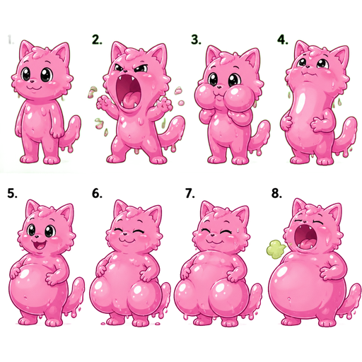 (1 pink slime boy cat furry idle sprites)
(2 pink slime boy cat furry pink mouth open wide attack sprites )
(3 pink slime boy cat furry with puffy cheeks bite sprites) (4 pink slime boy cat furry with neck bulge gulping sprites) on top screen (5 pink slime boy cat furry with full belly sprites) (6 pink slime boy cat furry with lumpy full belly with 2 bulges outwards sprites)(7 pink slime boy cat furry with lumpy full belly with 3 bulges outwards sprites) (8 pink slime boy cat furry open mouth burping with full belly outwards sprites) standing up video game sprites (cute cartoon clipart) on green background