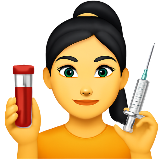 Woman holding vial of blood and syringe, with nose ring,black hair, top ponytail, white skin, arched eyebrows, light blue eyes