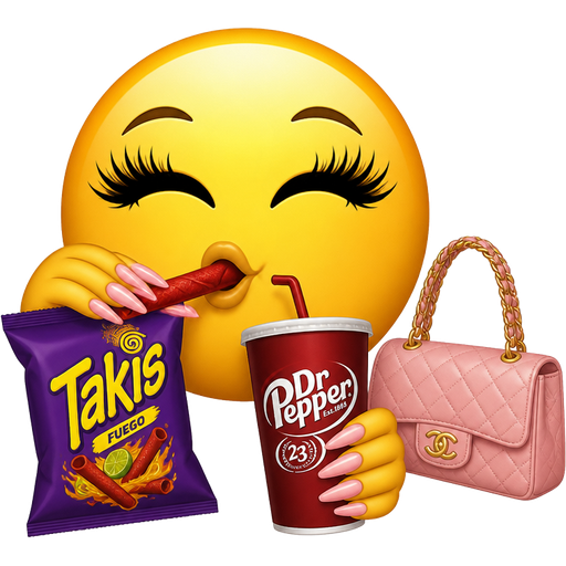 Yellow circle for the face, thick black lashes, lipgloss nails on with the hand, showing eating Takis, drinking Dr Pepper and having a purse