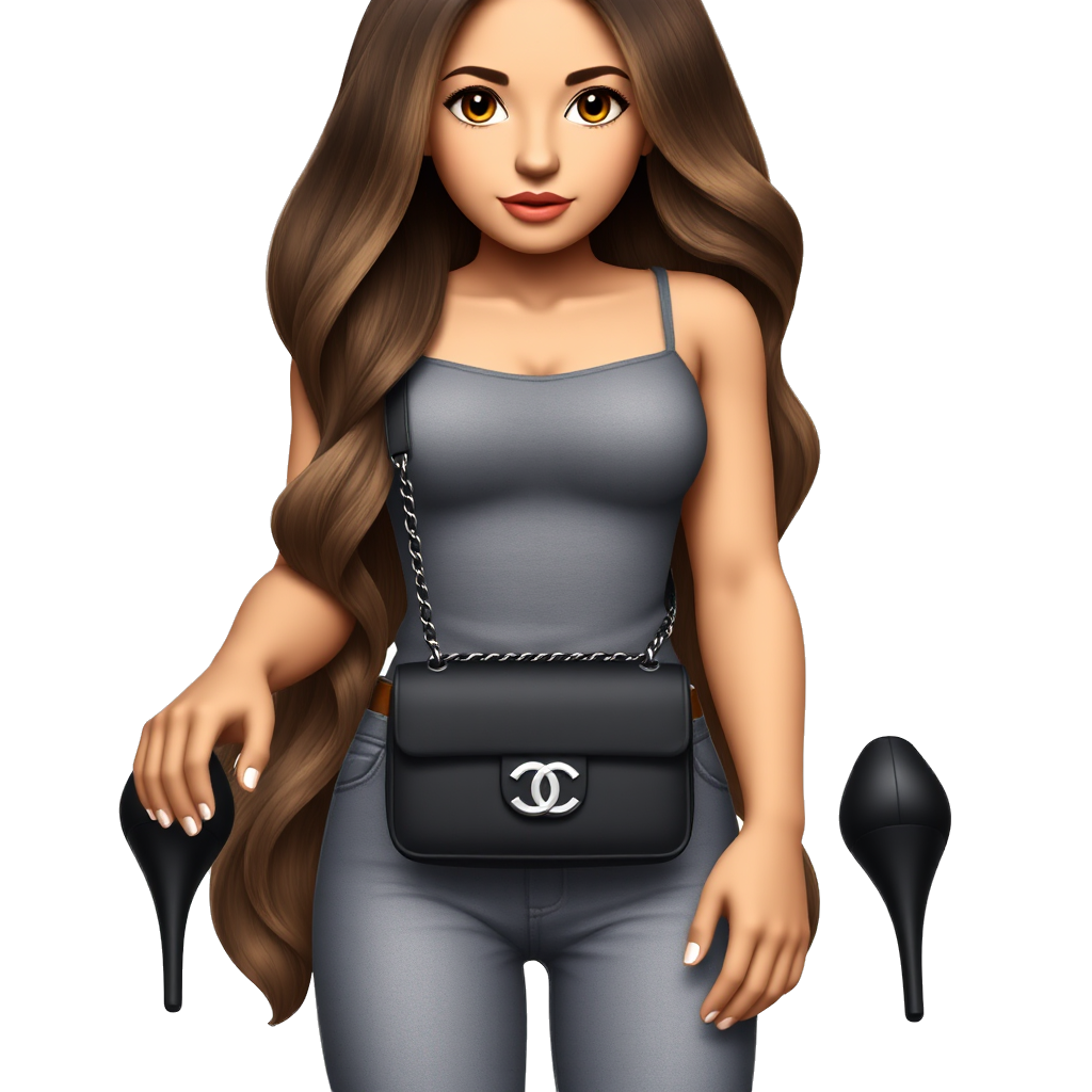 Woman with long brown hair with wavy highlights, light brown skin, brown amendoled eyes with voluminous eyelashes, small nose, pink mouth, medium and dark eyebrows thin and short dressed in a gray tank top, wide leg jeans and a Chanel's black shoulder bag, the whole body with full LEGS and FEET with black high heels shoes with two arms downs, Hands with nails done