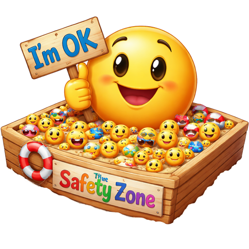 A large yellow emoticon, saying I’m ok, sitting in a sandpit filled with many smaller random emoticons. The sandpit is named “The Safety Zone”