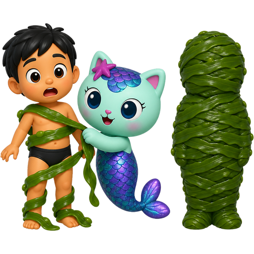 1 boy with black underwear getting wrapped up by mercat gabby's dollhouse with seaweed 2 seaweed cocoon shaped like boy completely covered with seaweed cocoon like mummy next to mercat gabby's dollhouse