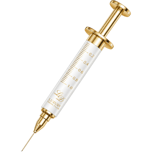 Luxury dermal filler syringe illustration, elegant beauty industry clip art, pristine white syringe body with polished metallic champagne gold accents and detailing, glossy gold plunger, luxury gold measurement markings, sleek and feminine design, high-end medical aesthetics branding, clean vector-inspired illustration, ultra-crisp edges, premium beauty logo aesthetic, professional aesthetics clinic style, sophisticated and modern, subtle highlights and reflections on gold elements, glamorous yet professional, luxury cosmetic treatment accessory, isolated object, high-resolution digital artwork, commercial clip art quality, balanced proportions, smooth contours, refined beauty branding aesthetic, detailed but not photorealistic, graphic illustration style, premium Etsy-quality PNG design, luxurious, feminine, chic, elegant, flawless finish studio lighting