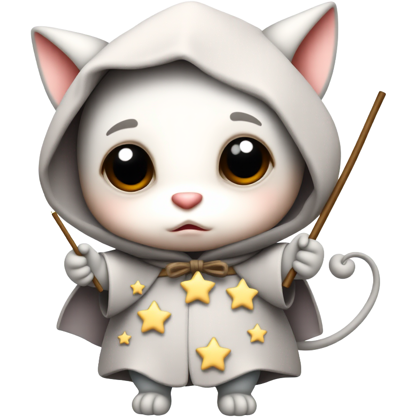 Imagine a whimsical creature with big, pleading eyes, draped in a shimmering cloak made of stars. It holds a sparkling wand, casting gentle sparkles in the air as it begs for attention, with its adorable round ears twitching in anticipation and a tiny heart-shaped tail swaying playfully behind it.
