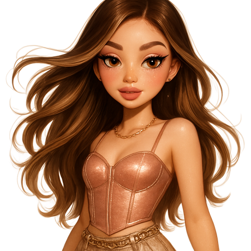 luxury glossy bratz-anime romantic aesthetic, warm cinematic glow, crisp clean detail, glossy glam skin. petite girl, warm soft-autumn tone, fair skin, honey-brown almond eyes, soft freckles, warm toasty glam makeup, glossy nude lips, flutter lashes, sweet Belle-princess vibe, long brunette honey balayage hair with visible light honey blonde highlights, blush metallic corset, silk cargo pants; wavy blowout; rose gold shimmer lids; sharp wing and liner; gold chain belt; flipping hair, confident stance, pop-princess energy, shimmer highlight, sparkly glow