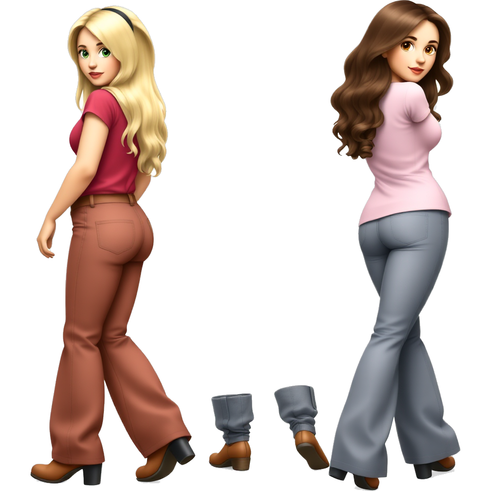 Two girls dancing with big booties one is blonde with green eyes. One is a brunette with brown eyes and they both have long wavy hair. They are wearing long pants and they are turned around.