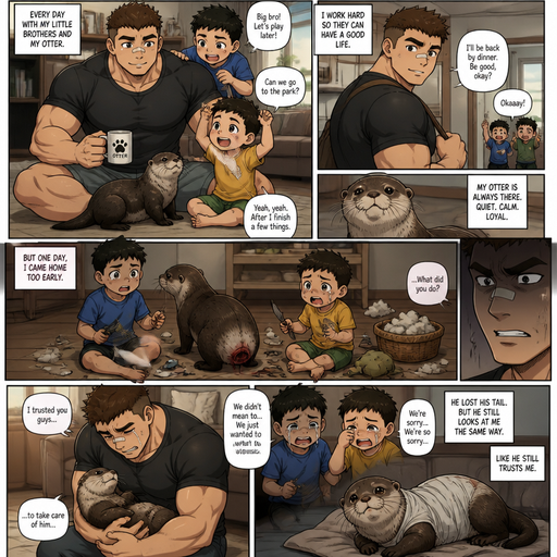 A DETAILED AND LIFELIKE ANIME Comic Book story view of a Bulky but Muscular ANIME Cute Bara Man With Peach toned skin Who looks Normal aind round facial Structure and Basic facial structure With Puffy and Big Pecs that are visible through the shirt and Biceps and Bandaid on his nose and Brown short hair that makes them look tough. Wearing normal With his pet Grown and healthy realistic otter and 2 little brothers that are in different ages but young. the otter just sits there and looks at them. Later, when the big brother isn’t home. And the otter loses his tail from them.