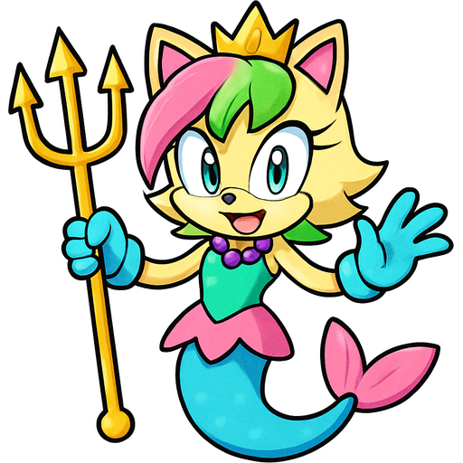 sonic x style version light yellow anthro cat with pink and green and yellow hair blue green eyes golden crown with light purple necklace light cyan braclets cyan and green dress with pink skirt attached to cyan and light blue mermaid tail with pink tail fins pink and cyan gloves holding a golden trident sonic x style version emoji, artistic style