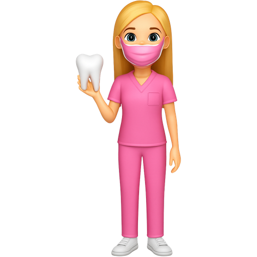 Girl dentist standing, tall and slender, smiling, light skin, green eyes, long blonde, pink scrubs, holding tooth, wearing pink mask, wearing sneakers
