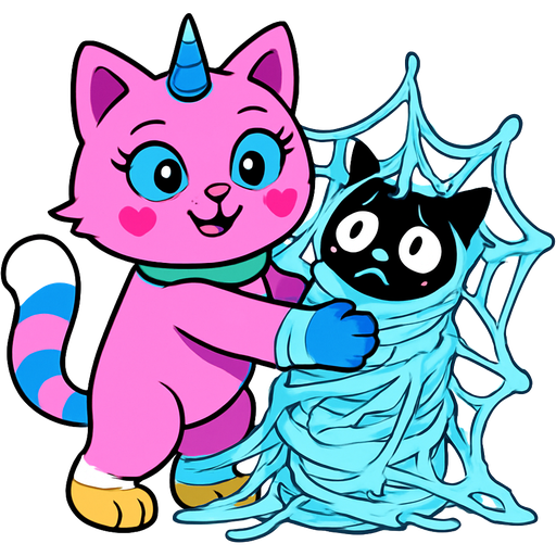 giant pink cat spider hybrid with blue unicorn horn green neck blue eyes with eyelashes heart shaped cheeks white wrists blue hands white ankles yellow feet blue and white tail happy hugging #B8FFFF slikworm cocooned pod black cat anthro worried covered with #B8FFFF huge coating of #B8FFFF slik and huge #B8FFFF slik wrappings and huge #B8FFFF webbing wrappings #B8FFFF mouth #B8FFFF huge coating of #B8FFFF slik and huge #B8FFFF slik wrappings and huge #B8FFFF webbing wrappings #B8FFFF