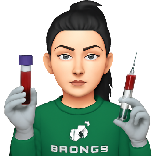 A woman with white skin, a septum ring, long black hair pulled straight back into a messy folded over top ponytail, thin high arched eyebrows, pale blue eyes, wearing a green ford bronco sweatshirt, wearing light grey latex gloves, holding a purple top tube of blood and a syringe half full of blood