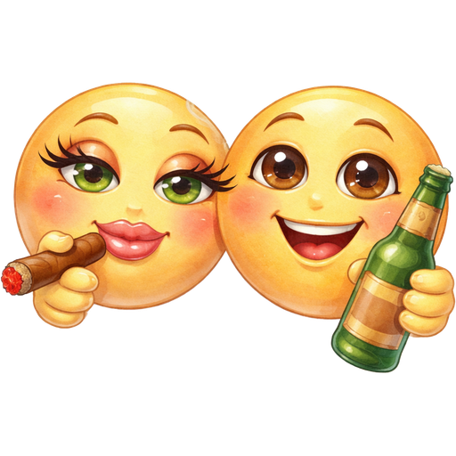 2 happy faces emojis holding with light red eyes holding a glass bottle and a brown cigar with a red fiery end with smoke coming out emoji’s mouth add fake eyelashes pretty green eyes emoji’s hands, feminine lips, little plumppink gloss other emoji brown eyes no gloss no lashes