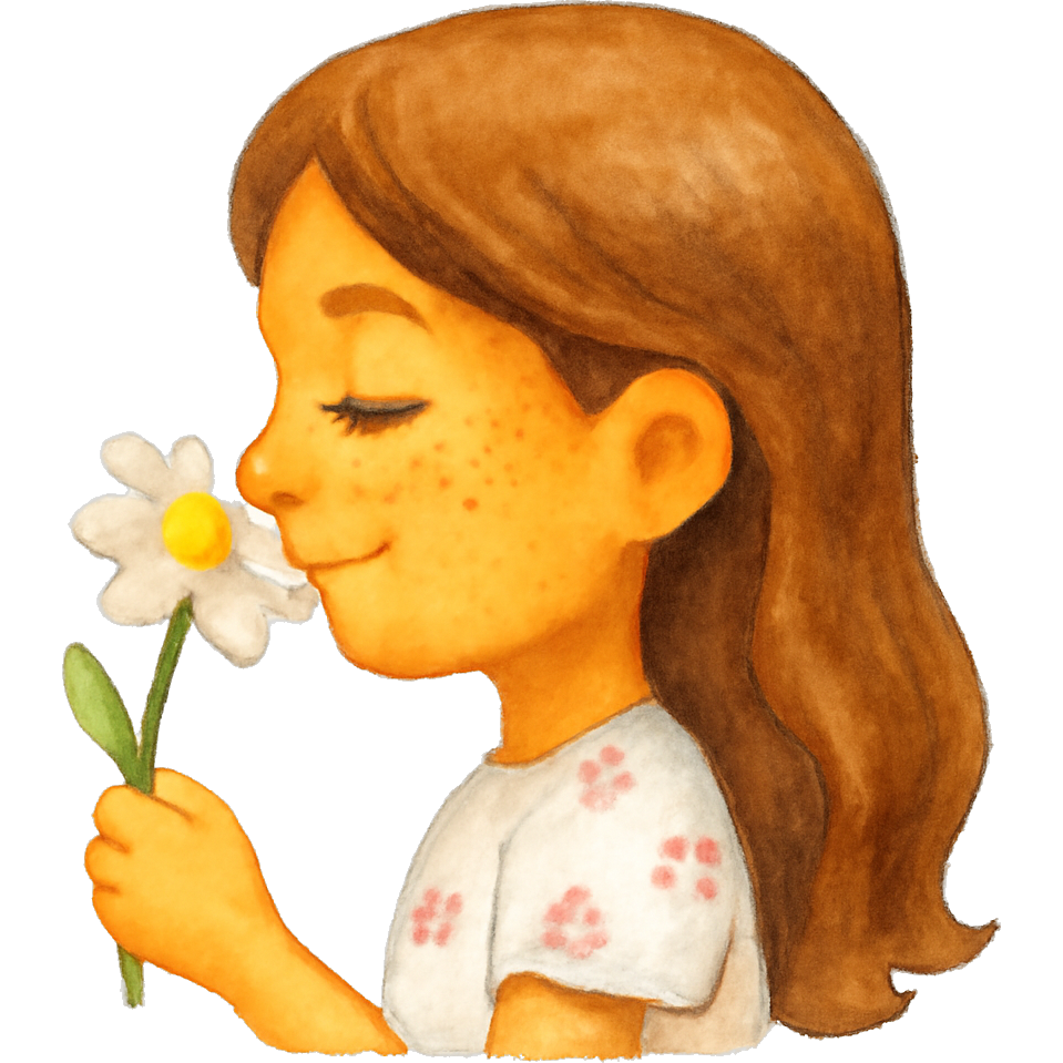 A girl with long brown hair, long eyelashes and freckles wearing a white dress with little pink flowers standing sideways and smelling a daisy, with a soft smiling with closed eyes