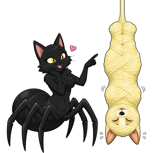 black cat drider hybrid next to #FFF4A6 completely covered spider cocoon mummified completely covered anthro corgi girl whimpering with #FFF4A6 spider slik wrappings completely covered hanging upside down