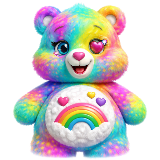 Good Vibes Care Bear with a Turquoise Green, Pink, and Yellow Intense Liquid Motion Spots Effect Highlighted Mixed Pattern Fur and The Right Eye Having a Pink Heart and Yellow Outlining it and a Smiling Yellow Bear with Blue Heart eyes and Mouth and Pink on the inside of the ears and a Green, Orange, and Pink 3- Part Rainbow underneath it going Upwards on the Stomach with Pink, Purple and Yellow Hearts Surrounding it on the Stomach and a Pink Heart Nose