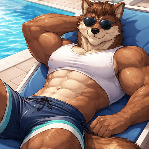 A Full Body Image of a Hunky and Chunky a Brown Wolf that is Muscular but not to muscular Masculine and Handsome and Ginormous Arms and a Rounded Huge Pecs and Short Strait Hair. Dressed in a Sleeveless tight white shirt with a Short waist. Lying with sunglasses on and swimming trunks