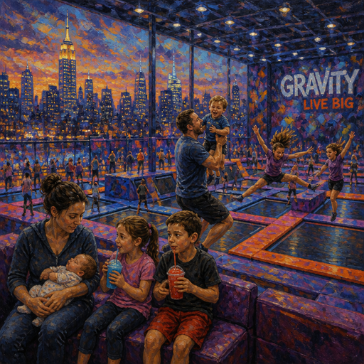 give me a mom sitting down trying to get the baby to nap and the five year-old daughter is also sitting down with the Mom drinking a blue slushy and the six-year-old boys. Also sitting with the Mom drinking a red slushy and the Dad is jumping with the toddler boy and the 10-year-old twin daughters are doing tricks on the trampolines and they are at the trampoline park and it is so so so so so so so so so so big with a New York City evening view