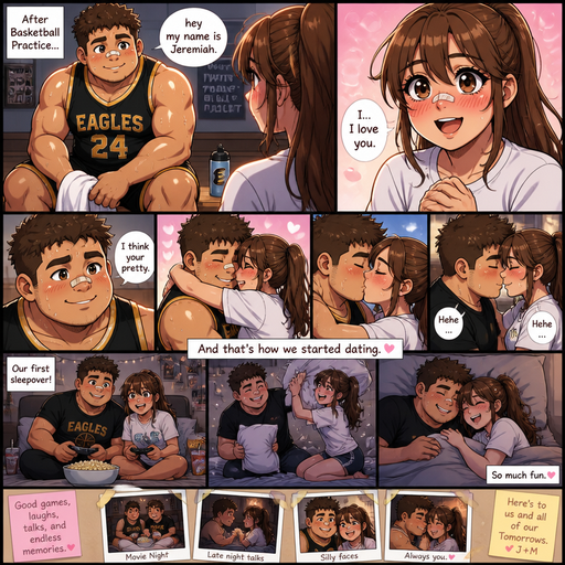An Anime Comic book story of a Chunky Small but Muscular and more Muscle than Fat ANIME Cute Bara Man Who looks Normal and American with a round facial Structure and Basic facial structure With Puffy and Big Pecs that are visible through the shirt and Biceps and Bandaid on his nose. Wearing a Tight Basketball. Sitting on bench after practice drenched in sweat looking at his girl crush saying how was “ hey my name is Jeremiah”. and her blushing and looking into his eyes saying “I love you”. Then he says “I think your pretty” then they Hug and kiss. And there foreheads touch and they nose rub and they giggle and Start to date from then on. And they had a sleepover and Had so much fun. And they