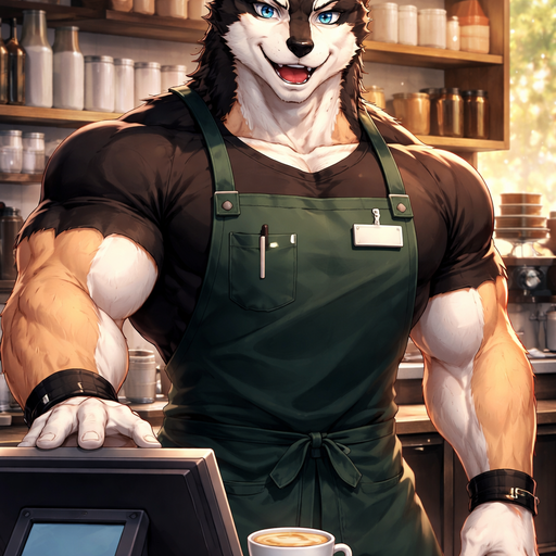 A Tral Anime Full Body and Face Image of a Muscular and. VERY Handsome and Masculine Bara Dog with a wrestler type body that is a Barista. at the Cash Register