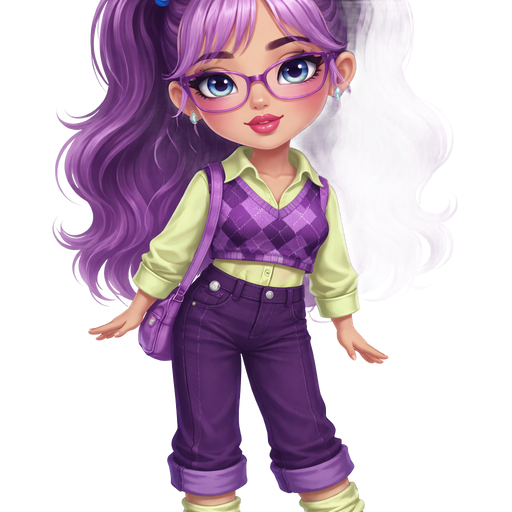 Plum Pudding with a Medium-Tan Cool Medium Beige Skin Tone with a Full Lip Shape with a Voluminous Moonstone Eyelash Setup Completing the Look with a Guest List Lipstick Finish with a Neutral Pastel Blue Eyeshadow with a Upturned Eye Shape and a Base-Down Triangle Face Shape with Purple Hair and the Bangs Having Light Purple Highlights with a Half-Up-Half-Down Hairstyle in Two Ponytails with Blue Elastic Bubble Hair Ties Wearing Purple Rectangle Metal Glasses With Rosy Red Cheeks Also Wearing a Lime Green Button-Up Long Sleeve Shirt with the Bottom of the Sleeves Rolled up With a Short Purple Sweater and A Dark Purple Diamond Checkerboard Pattern Wearing Dark Purple Pants with a Silver Button on the Side and the Bottom of it Rolled up with Long Lime Green Rolled Up Socks and Dark Purple Flats adding a Voluminous Glazed Complexion with a 3D Naturalistic Animation and a Mature Adult Toned Build with Luxury Glossy and Refined Pristine Set Up With a Theatrical Appearance