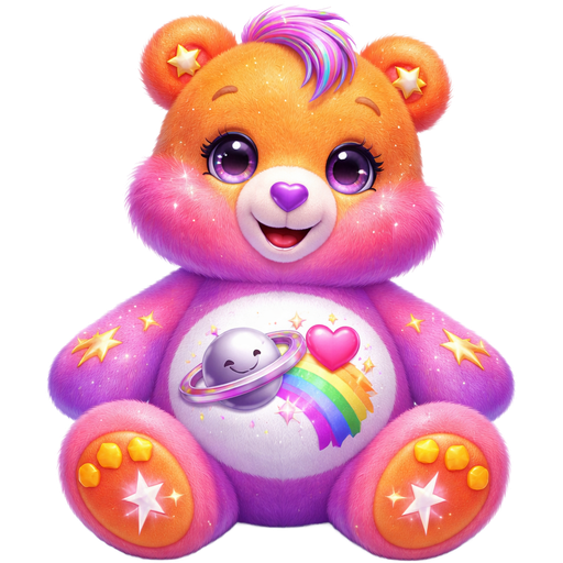 Starlight Love Care Bear with Gradient Pink and Purple Blended Fur and Orange Ears, Paws, Feet and The Upper-Half of the Face is also Orange with Shooting Stars and Lightning Strikes on the The Paws, Upper Face, Ears and Feet with a Smiling Sliver Saturn with the Ring being Half Silver and Pink Next to a Rainbow Shooting Pink Heart with Yellow, Pink, and Blue Stars Surrounding it on the Stomach with White Twinkles in the pupils of the eyes and Purple and Pink striped Tufts of hair and a Purple Heart Nose